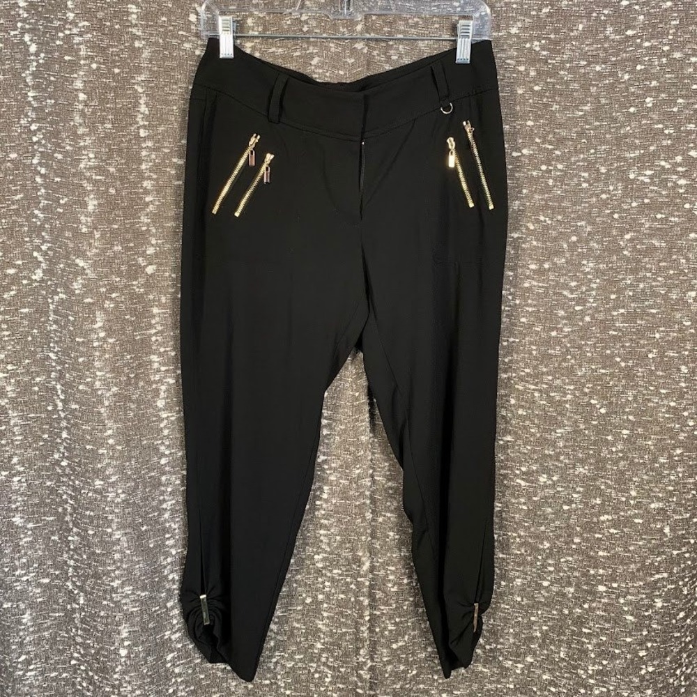 Cache Black Gold Zipper Accent Cropped Capri Pants Y2K Edgy Women's 4